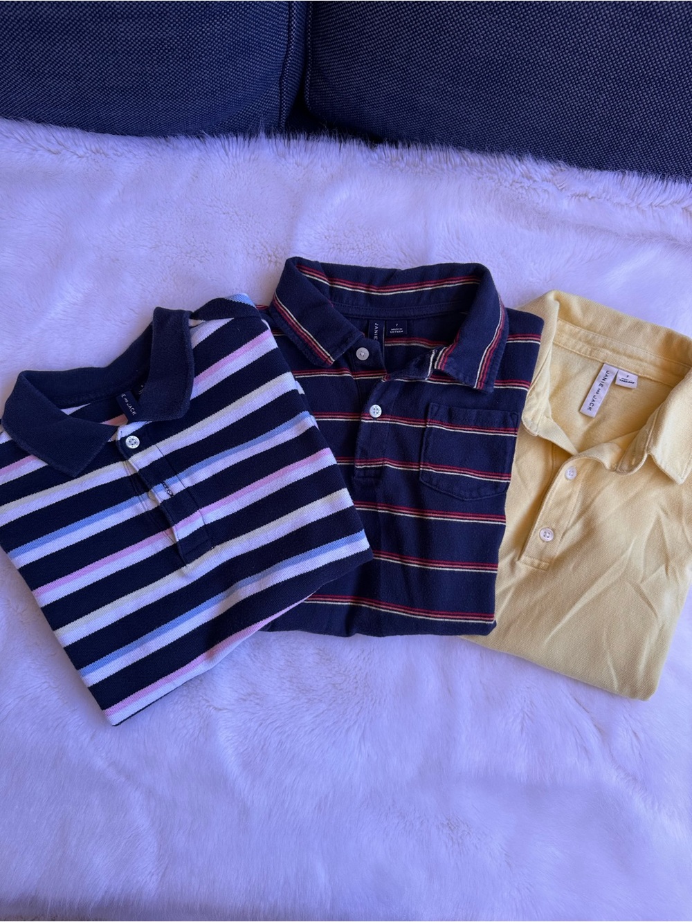 Janie and Jack Boys Polo Trio in Navy, Striped Navy & Pale Yellow